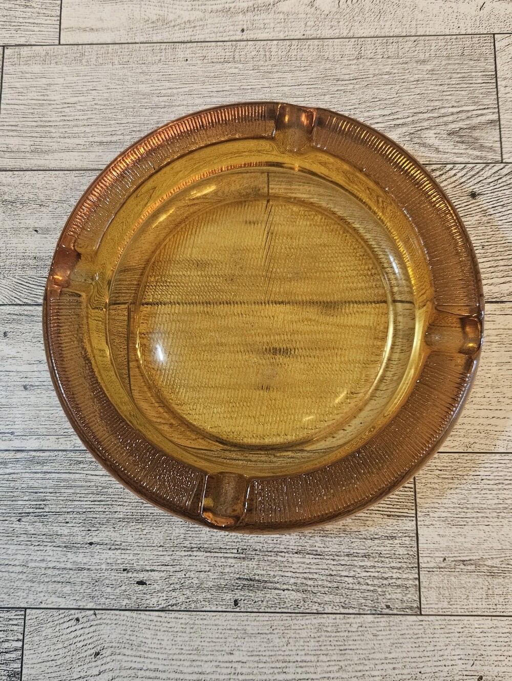 Blenko Vintage 5.5" Amber Glass Ashtray Ribbed/Striped Bottom Finish Mid Century